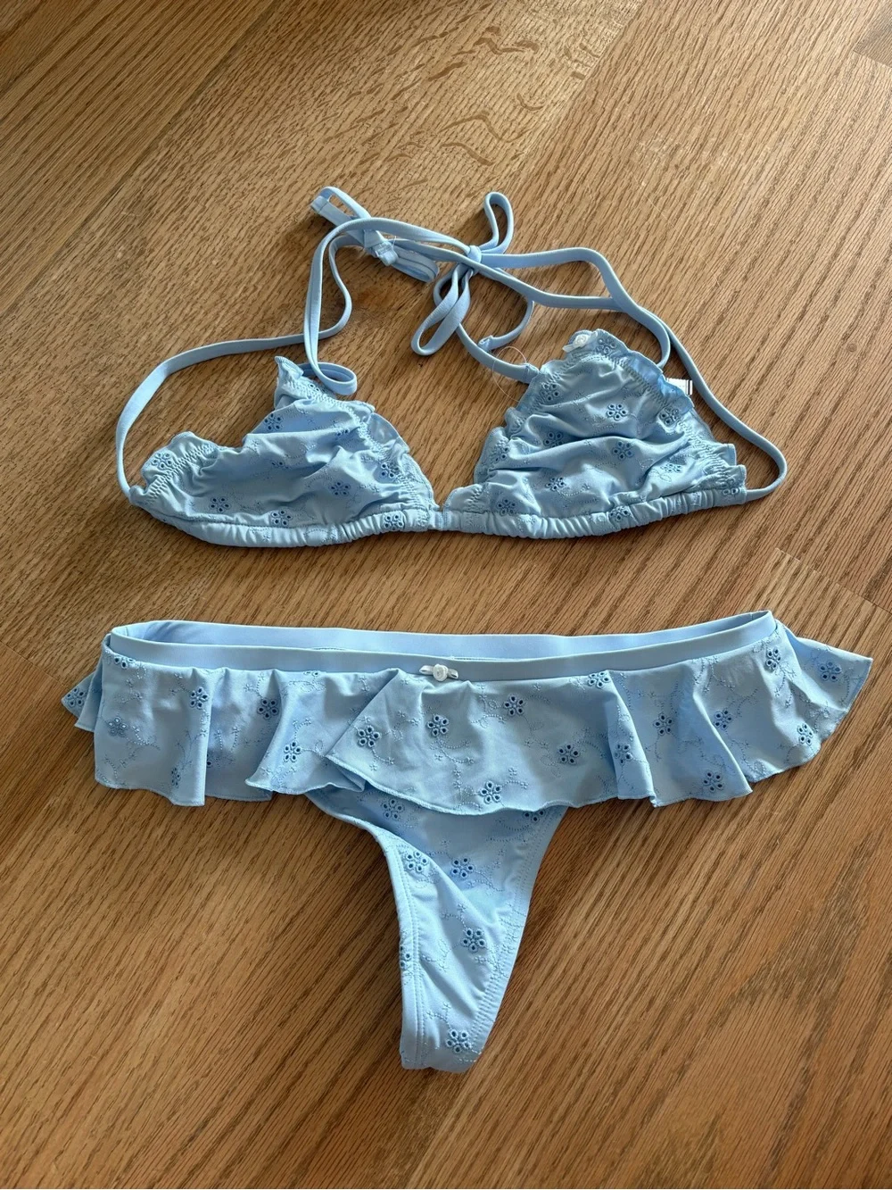 Frankie's Bikinis Light Blue Eyelet Ruffle Triangle Set